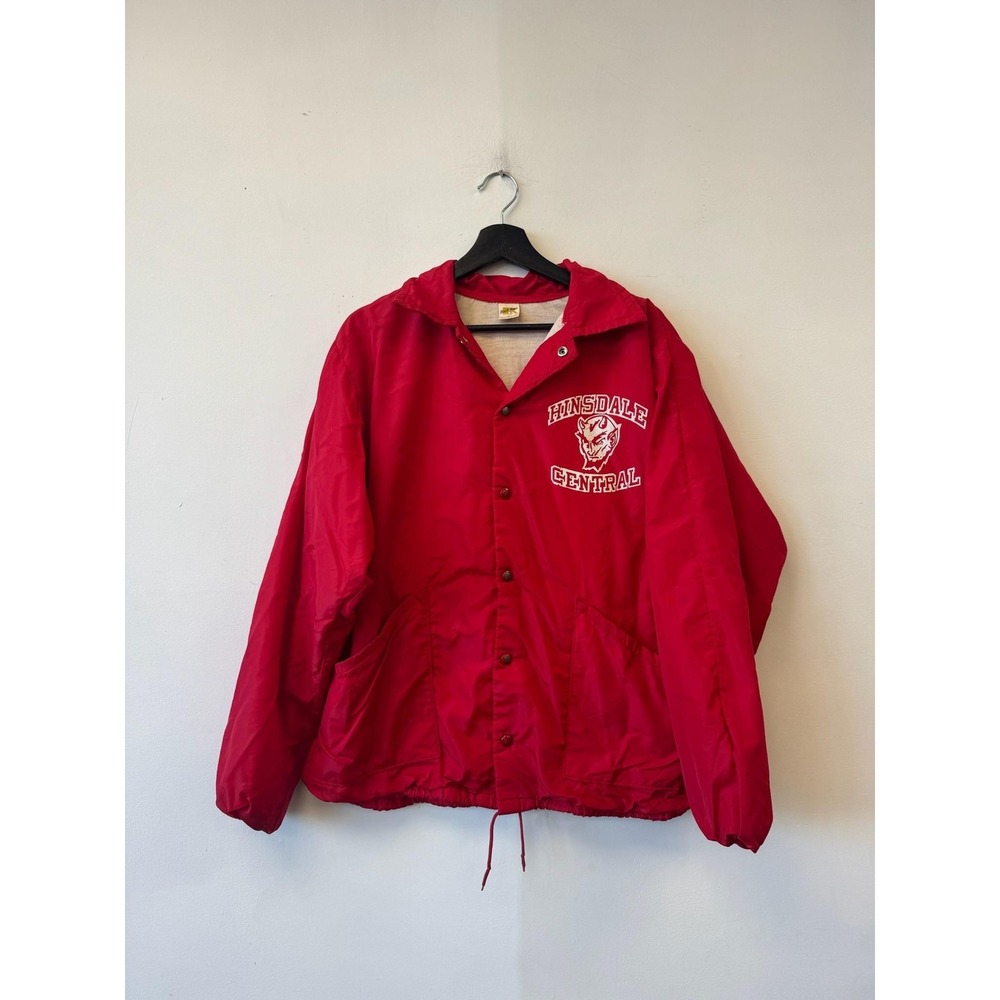 VTG Hinsdale Central‎ Hooded Coach Jacket Mens Medium Red Russell Athletic 90s